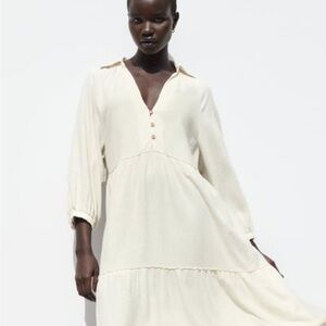 Zara Cream Tiered V-Neck Long Sleeve Maxi Dress